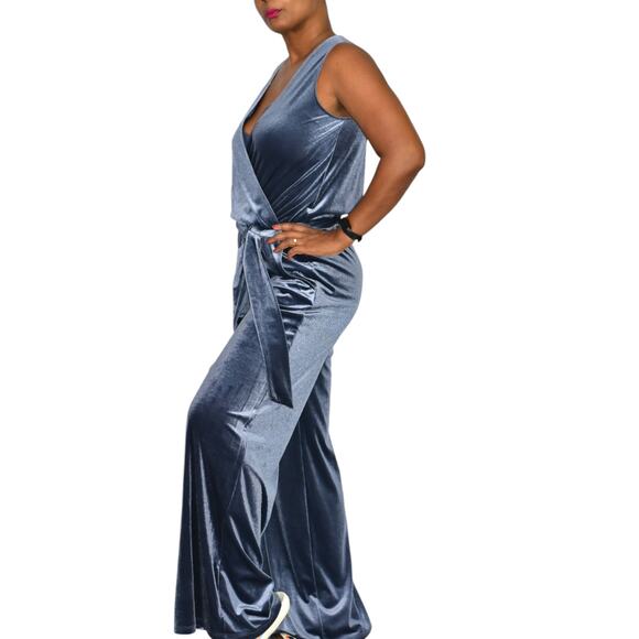 Samantha Dru Flare Jumpsuit Blue Wrap Belt Velour Velvet Wide Leg Pantsuit Small - Picture 6 of 15